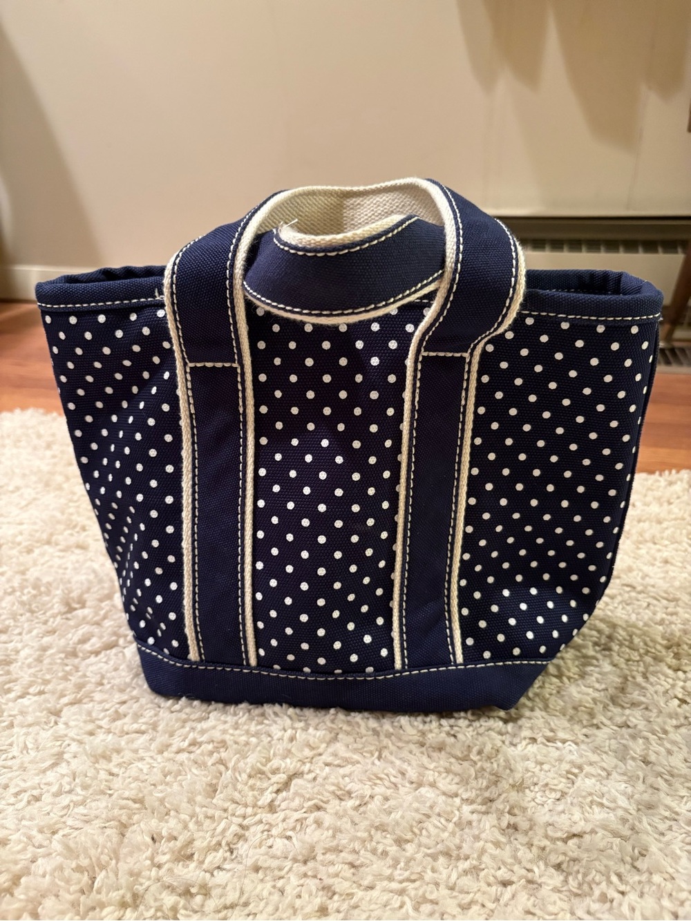 Lands' End Navy and White Polka Dot Mini Tote Bag 10”x8”
